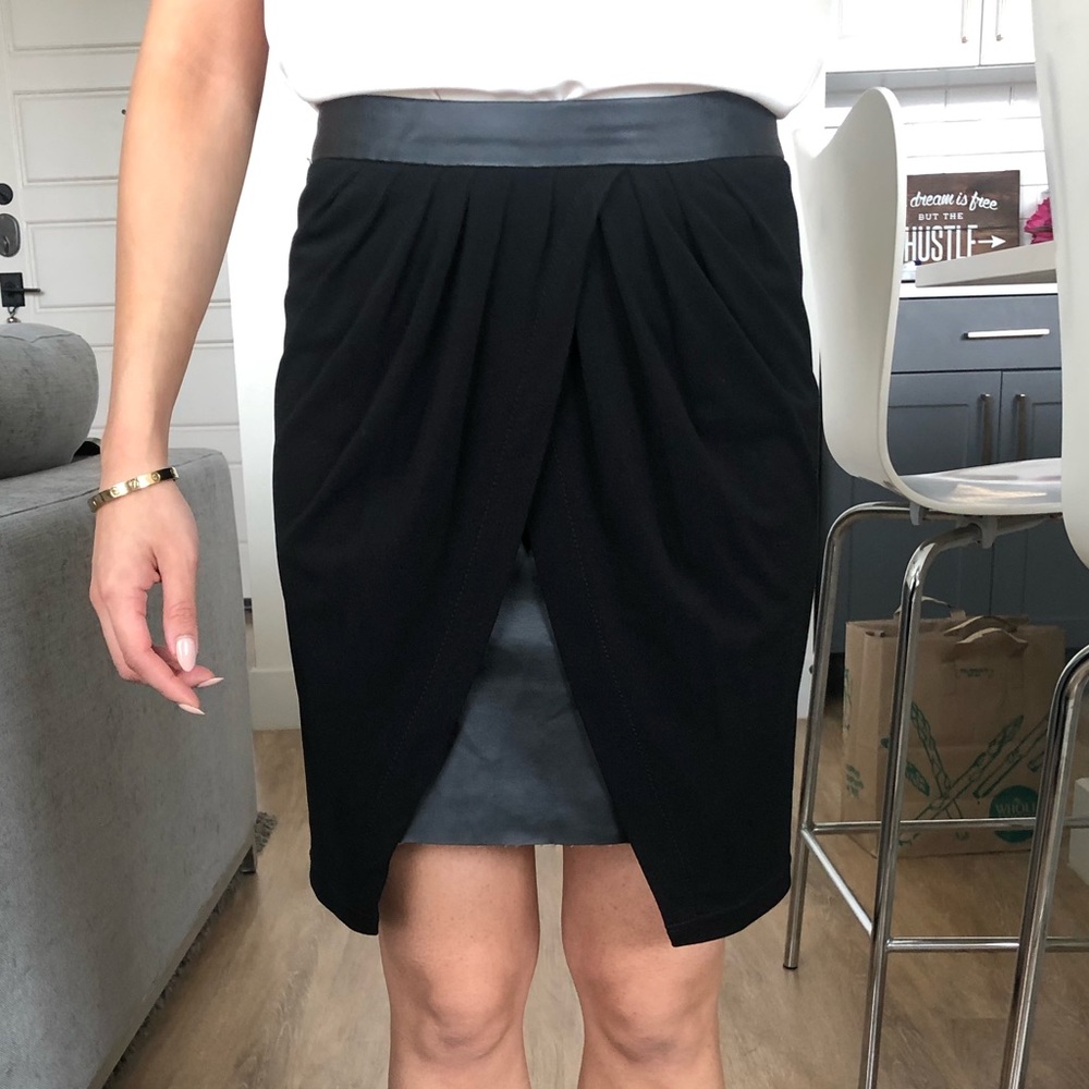 Black Leather Pencil Skirt with Overlay